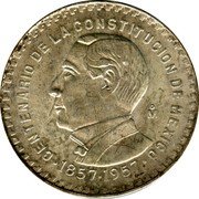 Mexico Peso 100th Anniversary of Constitution 1957 KM# 458 CENTENARIO DE LA CONSTITUCION DE MEXICO MO 1857-1957 coin reverse Mexico Peso 100th Anniversary of Constitution 1957 KM# 458 CENTENARIO DE LA CONSTITUCION DE MEXICO MO 1857-1957 coin reverse