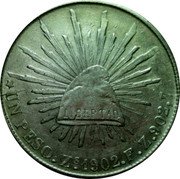 Mexico Peso Radiant Cap 1902 KM# 409.3 UN PESO ZS 1898 P Z 902.7 coin reverse Mexico Peso Radiant Cap 1902 KM# 409.3 UN PESO ZS 1898 P Z 902.7 coin reverse