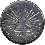Mexico Peso Radiant Cap 1908 Mo AM KM# 409.2 LIBERTAD UN PESO. MO. 1902. A. M. 902,7 coin reverse Mexico Peso Radiant Cap 1908 Mo AM KM# 409.2 LIBERTAD UN PESO. MO. 1902. A. M. 902,7 coin reverse