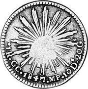 Mexico Real Radiant Cap 1847 GC MP KM# 372.5 LIBERTAD 1R GC 1847 MP 10DS.20GS coin reverse Mexico Real Radiant Cap 1847 GC MP KM# 372.5 LIBERTAD 1R GC 1847 MP 10DS.20GS coin reverse