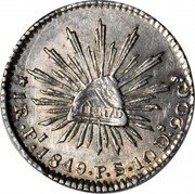 Mexico Real (Radiant Cap) KM# 372 LIBERTAD 1R PI 1849 P S 10DS.20GS coin reverse Mexico Real (Radiant Cap) KM# 372 LIBERTAD 1R PI 1849 P S 10DS.20GS coin reverse