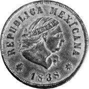 Mexico 1/4 Real (Una Quartilla) (Non-Circulating Privately Produced Coinage) X# NC1 REPUBLICA MEXICANA LIBERTAD 1838 coin obverse Mexico 1/4 Real (Una Quartilla) (Non-Circulating Privately Produced Coinage) X# NC1 REPUBLICA MEXICANA LIBERTAD 1838 coin obverse