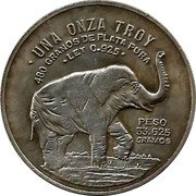 Mexico 1 Onza (Elephant Pattern) KM# Pn198 PESO 33.625 GRAMOS UNA ONZA TROY 480 GRANOS DE PLATA PURA LEY 0.925 coin reverse