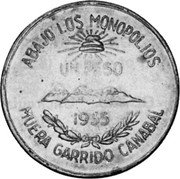 Mexico 1 Peso (Jalisco Fantasy Coinage) X# 22 ABAJO LOS MONOPOLIOS UN PESO 1955 MUERA GARRIDO CANABAL coin reverse Mexico 1 Peso (Jalisco Fantasy Coinage) X# 22 ABAJO LOS MONOPOLIOS UN PESO 1955 MUERA GARRIDO CANABAL coin reverse
