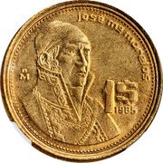 Mexico 1 Peso Morelos. Mule 1985 M Mule, Planchet and obverse from KM# 493; reverse form KM# 496 JOSÉ M MORELOS MO 1$ 1985 coin reverse Mexico 1 Peso Morelos. Mule 1985 M Mule, Planchet and obverse from KM# 493; reverse form KM# 496 JOSÉ M MORELOS MO 1$ 1985 coin reverse