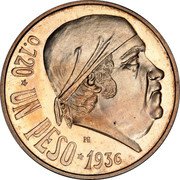 Mexico 1 Peso Morelos Pattern 1936  Proof-Like KM# Pn191 M 0.720 UN PESO 1936 coin reverse Mexico 1 Peso Morelos Pattern 1936  Proof-Like KM# Pn191 M 0.720 UN PESO 1936 coin reverse