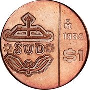 Mexico 1 Peso (Pattern. SUD.) KM# Pn233 SUD 1985 MO $1 coin reverse Mexico 1 Peso (Pattern. SUD.) KM# Pn233 SUD 1985 MO $1 coin reverse