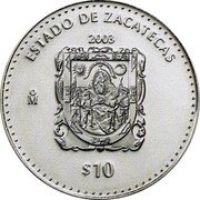 Mexico 10 Pesos State of Zacatecas 2003 Mo Proof KM# 679 ESTADO DE ZACATECAS 2003 MO $10 coin reverse Mexico 10 Pesos State of Zacatecas 2003 Mo Proof KM# 679 ESTADO DE ZACATECAS 2003 MO $10 coin reverse