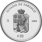 Mexico 10 Pesos State of Tabasco 2004 Mo Proof KM# 684 ESTADO DE TABASCO MO 2004 $10 coin reverse Mexico 10 Pesos State of Tabasco 2004 Mo Proof KM# 684 ESTADO DE TABASCO MO 2004 $10 coin reverse