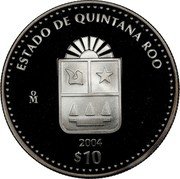 Mexico 10 Pesos State of Quintana Roo 2004 Mo Proof KM# 735 ESTADO DE QUINTANA ROO MO 2004 $10 coin reverse Mexico 10 Pesos State of Quintana Roo 2004 Mo Proof KM# 735 ESTADO DE QUINTANA ROO MO 2004 $10 coin reverse