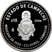 Mexico 10 Pesos Campeche 2006 Mo Proof KM# 759 ESTADO DE CAMPECHE $10 2006 MO MASCARA DE JADE CALAKMUL CAMPECHE coin reverse Mexico 10 Pesos Campeche 2006 Mo Proof KM# 759 ESTADO DE CAMPECHE $10 2006 MO MASCARA DE JADE CALAKMUL CAMPECHE coin reverse