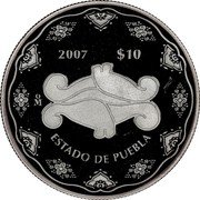 Mexico 10 Pesos State of Puebla 2007 Mo Proof KM# 836 2007 $10 MO ESTADO DE PUEBLA coin reverse Mexico 10 Pesos State of Puebla 2007 Mo Proof KM# 836 2007 $10 MO ESTADO DE PUEBLA coin reverse