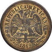 Mexico 10 Pesos Eagle. Cap and Scales Pattern 1869Mo C KM# Pn120 REPUBLICA MEXICANA 1869 coin obverse Mexico 10 Pesos Eagle. Cap and Scales Pattern 1869Mo C KM# Pn120 REPUBLICA MEXICANA 1869 coin obverse