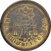 Mexico 10 Pesos Eagle. Cap and Scales Pattern 1869Mo C KM# Pn120 MO C. DIEZ PESOS 875 LEY LIBERTAD coin reverse Mexico 10 Pesos Eagle. Cap and Scales Pattern 1869Mo C KM# Pn120 MO C. DIEZ PESOS 875 LEY LIBERTAD coin reverse