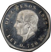 Mexico 10 Pesos (Miguel Hidalgo Costilla Pattern) DIEZ PESOS 1972 LEY 0.720 MO coin reverse