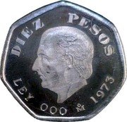 Mexico 10 Pesos Miguel Hidalgo y Costilla Pattern 1973 Mº DIEZ PESOS LEY 000 MO 1973 coin reverse