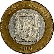 Mexico 100 Pesos State Of Zacatecas 2003 Mo KM# 688 ESTADO DE ZACATECAS 2003 MO $100 coin reverse Mexico 100 Pesos State Of Zacatecas 2003 Mo KM# 688 ESTADO DE ZACATECAS 2003 MO $100 coin reverse