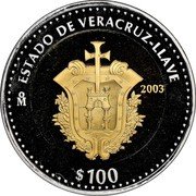 Mexico 100 Pesos State of Veracruz-Llave 2003 Mo Proof KM# 698 ESTADO DE VERACRUZ-LLAVE MO 2003 $100 coin reverse Mexico 100 Pesos State of Veracruz-Llave 2003 Mo Proof KM# 698 ESTADO DE VERACRUZ-LLAVE MO 2003 $100 coin reverse
