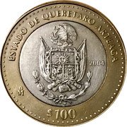 Mexico 100 Pesos State Of Queretaro de Arteaga 2004 Mo KM# 734 ESTADO DE QUERÉTARO ARTEAGA 2004 $100 MO coin reverse Mexico 100 Pesos State Of Queretaro de Arteaga 2004 Mo KM# 734 ESTADO DE QUERÉTARO ARTEAGA 2004 $100 MO coin reverse