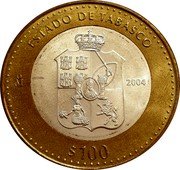 Mexico 100 Pesos State of Tabasco 2004 Mo KM# 693 ESTADO DE TABASCO 2004 $100 MO coin reverse Mexico 100 Pesos State of Tabasco 2004 Mo KM# 693 ESTADO DE TABASCO 2004 $100 MO coin reverse