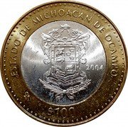 Mexico 100 Pesos State Of Michoacan de Ocampo 2004 Mo KM# 804 ESTADO DE MICHOACAN DE OCAMPO MO 2004 $100 coin reverse Mexico 100 Pesos State Of Michoacan de Ocampo 2004 Mo KM# 804 ESTADO DE MICHOACAN DE OCAMPO MO 2004 $100 coin reverse