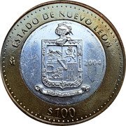 Mexico 100 Pesos State Of Nuevo Leon 2004 Mo KM# 742 ESTADO DE NUEVO LEON MO 2004 $100 coin reverse Mexico 100 Pesos State Of Nuevo Leon 2004 Mo KM# 742 ESTADO DE NUEVO LEON MO 2004 $100 coin reverse