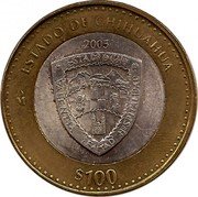 Mexico 100 Pesos State of Chihuahua 2005 Mo KM# 754 ESTADO DE CHIHUAHUA 2005 MO $100 coin reverse Mexico 100 Pesos State of Chihuahua 2005 Mo KM# 754 ESTADO DE CHIHUAHUA 2005 MO $100 coin reverse