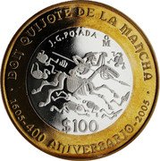 Mexico 100 Pesos 400th Anniversary of Don Quijote de la Mancha 2005 Mo Prooflike KM# 705 $100 1605 2005 400 ANIVERSARIO DON QUIJOTE DE LA MANCHA coin reverse Mexico 100 Pesos 400th Anniversary of Don Quijote de la Mancha 2005 Mo Prooflike KM# 705 $100 1605 2005 400 ANIVERSARIO DON QUIJOTE DE LA MANCHA coin reverse