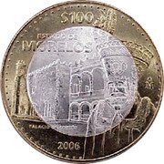 Mexico 100 Pesos Morelos 2006 Mo KM# 800 $100 ESTADO DE MORELOS MO PALACIO DE CORTES 2006 coin reverse Mexico 100 Pesos Morelos 2006 Mo KM# 800 $100 ESTADO DE MORELOS MO PALACIO DE CORTES 2006 coin reverse