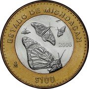 Mexico 100 Pesos Michoacan 2006 Mo KM# 785 ESTADO DE MICHOACAN 2006 MO $100 coin reverse Mexico 100 Pesos Michoacan 2006 Mo KM# 785 ESTADO DE MICHOACAN 2006 MO $100 coin reverse