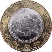 Mexico 100 Pesos Puebla 2007 Mo KM# 850 2007 $10 MO ESTADO DE PUEBLA coin reverse Mexico 100 Pesos Puebla 2007 Mo KM# 850 2007 $10 MO ESTADO DE PUEBLA coin reverse