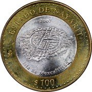 Mexico 100 Pesos Nayarit 2007 Mo KM# 798 ESTADO DE NAYARIT 2007 MO ISLA DE MEXCALTITLÁN $100 coin reverse Mexico 100 Pesos Nayarit 2007 Mo KM# 798 ESTADO DE NAYARIT 2007 MO ISLA DE MEXCALTITLÁN $100 coin reverse