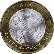 Mexico 100 Pesos Yucatan 2007 Mo KM# 860 $100 YUCATÁN 2007 MO CASTILLO DE CHICHÉN ITZÁ coin reverse Mexico 100 Pesos Yucatan 2007 Mo KM# 860 $100 YUCATÁN 2007 MO CASTILLO DE CHICHÉN ITZÁ coin reverse