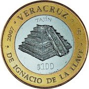 Mexico 100 Pesos Veracruz 2007 Mo KM# 859 2007 VERACRUZ Mº TAJÍN $100 DE IGNACIO DE LA LLAVE coin reverse Mexico 100 Pesos Veracruz 2007 Mo KM# 859 2007 VERACRUZ Mº TAJÍN $100 DE IGNACIO DE LA LLAVE coin reverse