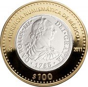 Mexico 100 Pesos Charles III Coin 2011 Mo Prooflike KM# 951 HERENCIA NUMISMATICA DE MÉXICO MO 2011 $100 CAROLUS III DEI GRATIA 1783 coin reverse