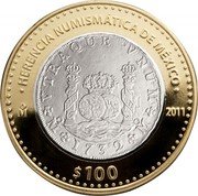Mexico 100 Pesos Pillar Coin 2011 Mo Prooflike KM# 950 HERENCIA NUMISMATICA DE MEXICO MO 2011 $100 coin reverse
