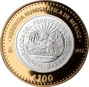 Mexico 100 Pesos Commemorative Coin of the Southeast Railway 2012 Mo Prooflike KM# 968 HERENCIA NUMISMATICA DE MEXICO MO 2012 $100 coin reverse Mexico 100 Pesos Commemorative Coin of the Southeast Railway 2012 Mo Prooflike KM# 968 HERENCIA NUMISMATICA DE MEXICO MO 2012 $100 coin reverse