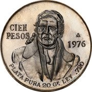 Mexico 100 Pesos (Morelos Pattern) KM# Pn210 CIEN PESOS MO 1976 PLATA PURA 20. GR. LEY .720 coin reverse Mexico 100 Pesos (Morelos Pattern) KM# Pn210 CIEN PESOS MO 1976 PLATA PURA 20. GR. LEY .720 coin reverse