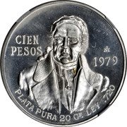 Mexico 100 Pesos (Morelos Pattern. Reeded Edge) CEIN PESOS MO 1979 PLATA PURA 20 GR. LEY .720 coin reverse