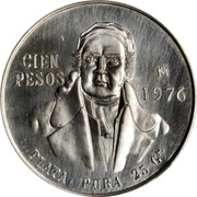 Mexico 100 Pesos (Morelos Pattern. Type 2) CIEN PESOS MO 1976 PLATA PURA 25 GR coin reverse Mexico 100 Pesos (Morelos Pattern. Type 2) CIEN PESOS MO 1976 PLATA PURA 25 GR coin reverse