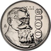 Mexico 100 Pesos Pattern. Carranza 1989 Mº Proof $100 1989 V.CARRANZA MO coin reverse Mexico 100 Pesos Pattern. Carranza 1989 Mº Proof $100 1989 V.CARRANZA MO coin reverse