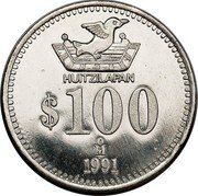 Mexico 100 Pesos Pattern. Huitzilapan 1991 Mo HUITZILAPAN $100 MO 1991 coin reverse Mexico 100 Pesos Pattern. Huitzilapan 1991 Mo HUITZILAPAN $100 MO 1991 coin reverse