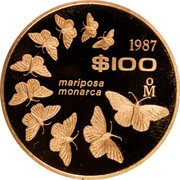 Mexico 100 Pesos Mariposa Monarca. Pattern 1987Â Mo Proof KM# Pn237 1987 $100 MO MARIPOSA MONARCA coin reverse Mexico 100 Pesos Mariposa Monarca. Pattern 1987Â Mo Proof KM# Pn237 1987 $100 MO MARIPOSA MONARCA coin reverse
