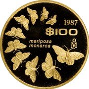 Mexico 100 Pesos Pattern. Mariposa Monarca 1987 Mo Proof KM# Pn239 1987 $100 MO MARIPOSA MONARCA coin reverse