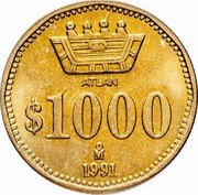 Mexico 1000 Pesos Atlan 1991 Mo In Sets only ATLAN $1000 MO 1991 coin reverse Mexico 1000 Pesos Atlan 1991 Mo In Sets only ATLAN $1000 MO 1991 coin reverse