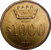 Mexico 1000 Pesos Pattern. Atlan 1991 Mo KM# Pn249 ATLAN $1000 MO 1991 coin reverse Mexico 1000 Pesos Pattern. Atlan 1991 Mo KM# Pn249 ATLAN $1000 MO 1991 coin reverse