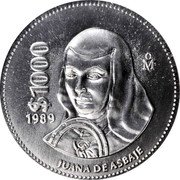Mexico 1000 Pesos (Pattern. Juana de Asbaje) $1000 1988 MO JUANA DE ASBAJE coin reverse Mexico 1000 Pesos (Pattern. Juana de Asbaje) $1000 1988 MO JUANA DE ASBAJE coin reverse