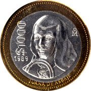 Mexico 1000 Pesos Pattern. 1989 Mo $1000 1988 MO JUANA DE ASBAJE coin reverse Mexico 1000 Pesos Pattern. 1989 Mo $1000 1988 MO JUANA DE ASBAJE coin reverse