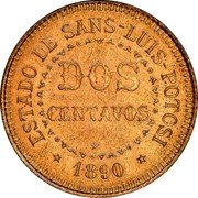 Mexico 2 Centavos (80th Independence Anniversary Pattern) X# NC18 ESTADO DE SANS - LUIS - POTOSI DOS CENTAVOS 1890 coin reverse Mexico 2 Centavos (80th Independence Anniversary Pattern) X# NC18 ESTADO DE SANS - LUIS - POTOSI DOS CENTAVOS 1890 coin reverse