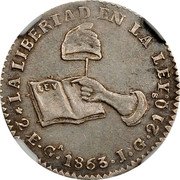 Mexico 2 Escudos Pattern 1863  LA LIBERTAD EN LA LEY LEY 2 E.GA.1863.J.G.21 QS. coin reverse Mexico 2 Escudos Pattern 1863  LA LIBERTAD EN LA LEY LEY 2 E.GA.1863.J.G.21 QS. coin reverse